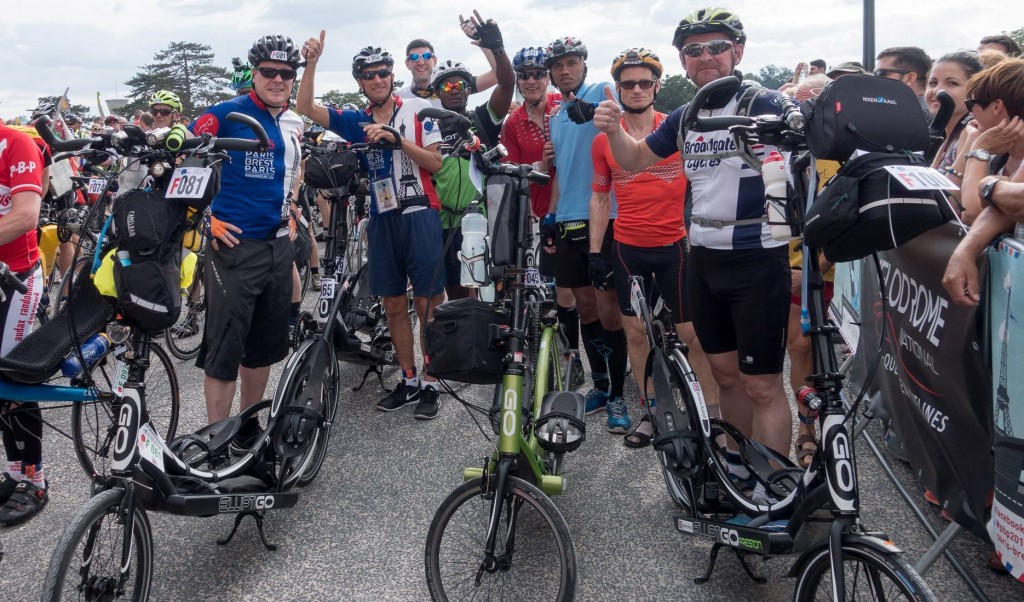 Team ElliptiGO riders lining up to start the 1,230km (765-mile) Paris Brest Paris Audax in 2015...